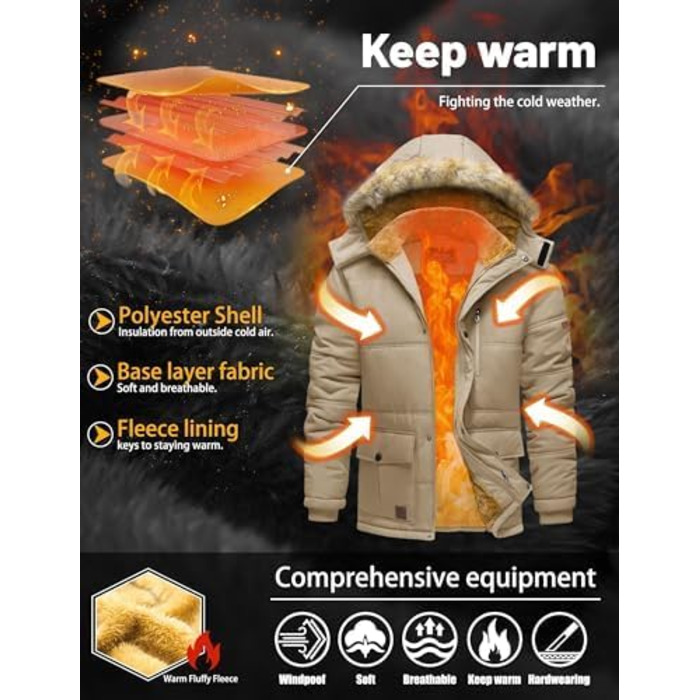 TACVASEN чоловіча зимова куртка: водонепроникна, вітрозахисна, з капюшоном, тепла стьобана куртка (S, Хакі)