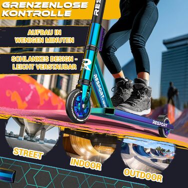 Трюковий самокат RE:SPORT® REVO Rainbow для дітей та дорослих зі стійкою | Професійний самокат з колесами 100мм PU та Y-рулем | Самокат трюковий, кікскутер ABEC 9