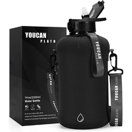Спортивна пляшка для води Youcan Plato 2 л з соломинкою, чохлом, BPA Free, для газованої води, чорна, фітнес-глечик