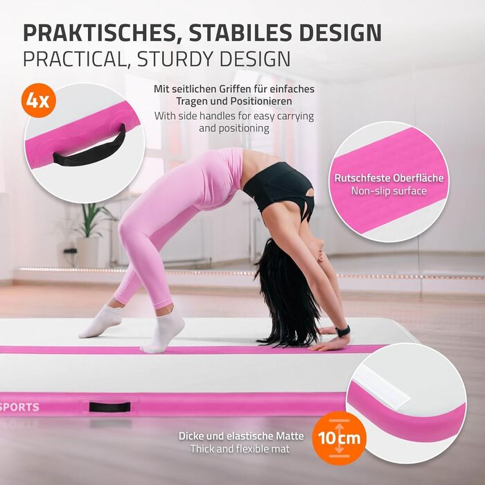 Гімнастичний мат Airtrack ECD Germany для тумблінгу та фітнесу, надувний повітряний тренажер (500 x 100 x 10 см), рожевий, з електричним насосом та сумкою