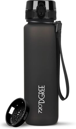 Спортивна пляшка для води 1 л 720°DGREE uberBottle з мотиваційною шкалою, ситечком, знімною ручкою, BPA-free, тритан, чорна, для спорту, фітнесу, велосипеду, університету, outdoor