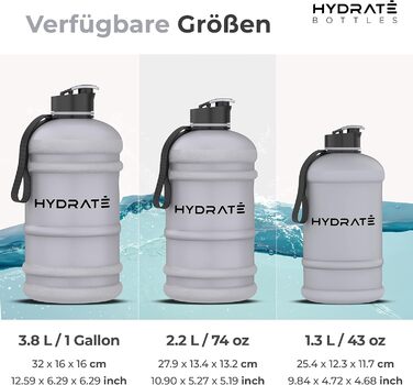 Фляга для води HYDRATE XL 2,2 л - для спортзалу, спорту та подорожей, без BPA, витривала, сіра, 2200 мл