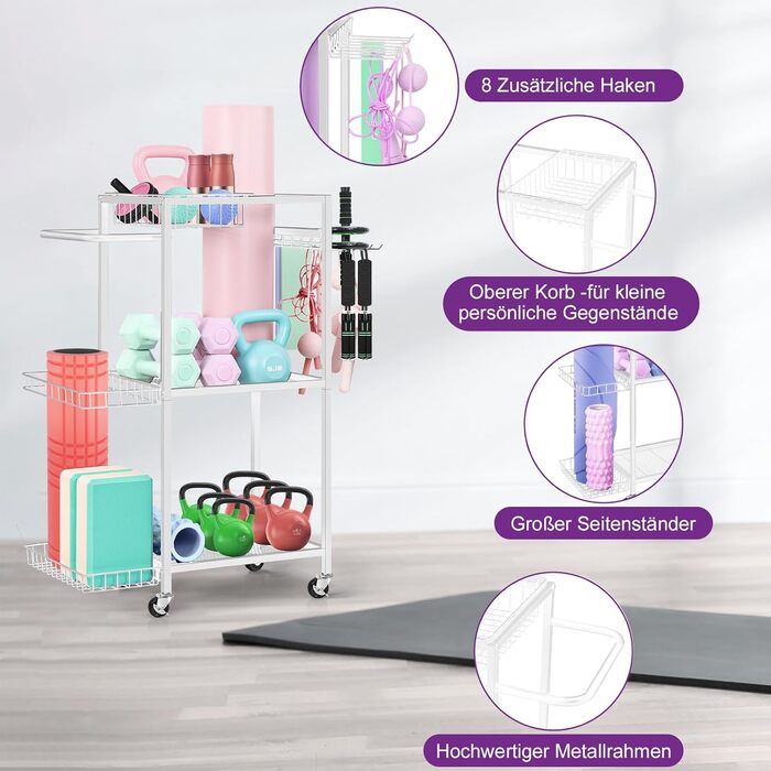 Стійка для зберігання спортивного обладнання SMUSEI: 3 яруси, металева, з роликами та 8 гачками. Підходить для йог-матів, гантелей, гир та іншого обладнання для дому.