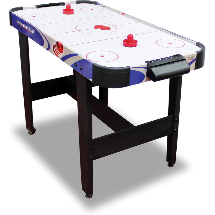 Airhockey стіл Carromco Crosscheck-XT – ігрове поле з високоглянцевим покриттям, вентильоване поле, 2 шайби та 2 ракетки, розмір 79x122x61 см, синій, для дітей та дорослих