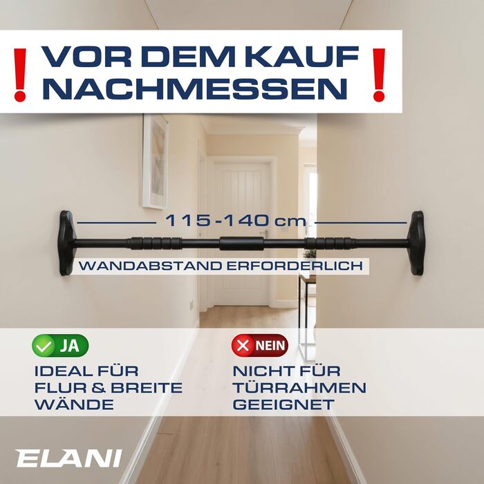 ELANI – Турнік для підтягувань на стіну, 115–140 см | Без свердління | З рівнем та надійним кріпленням | Для дому, залу та тренувань | Синій | 115-140 см