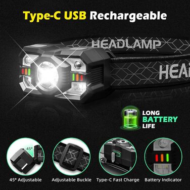 Налобний ліхтар Hyted LED, 2 шт., 2000 люменів, перезарядна батарея, 10 режимів, водонепроникний IPX5, для бігу, кемпінгу, риболовлі