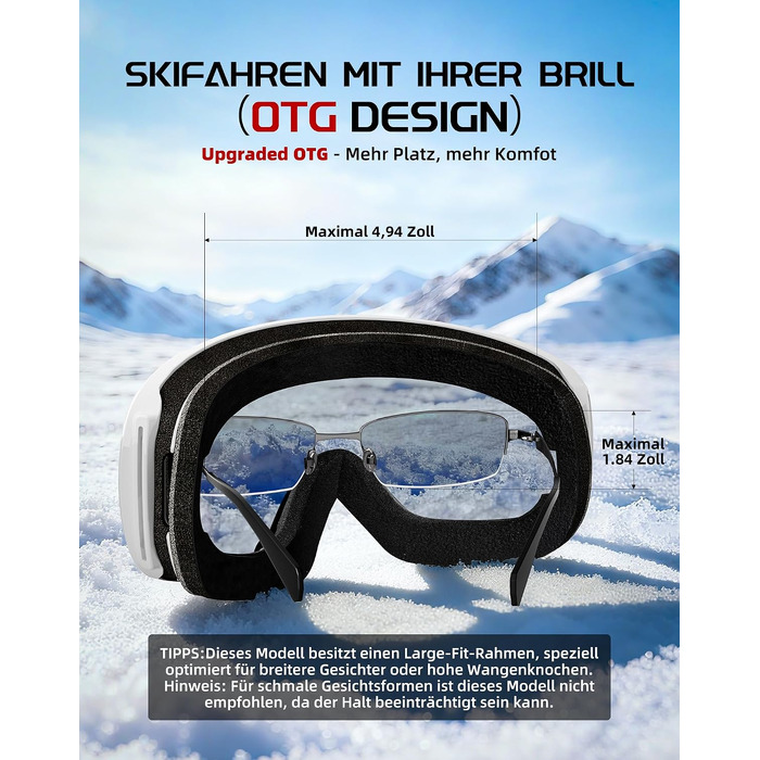 Гірськолижні окуляри Innerking A1 OTG з подвійним склом, захист UV400 та антифог, сумісні з діоптрийними окулярами, для лиж та сноуборду (білий/срібло, VLT 10%)