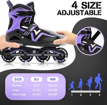 Регульовані ролики для дітей (хлопчики та дівчатка), світлові ролики, розмір L (37.5-41), фіолетовий