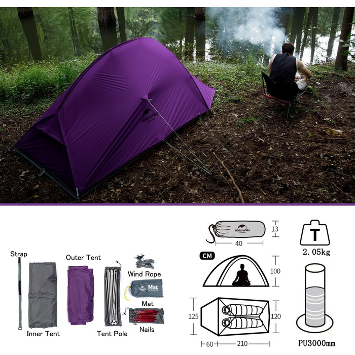 Намет Naturehike Cloud Up 2 - ультралегкий, 2-місний, 3-4 сезон, для кемпінгу та піших прогулянок, 20D, Waldgrün/Lila