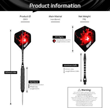 Професійні сталеві дротики CyeeLife з металевими наконечниками (12 шт.) + 24 пір'я + точилка, 22 г (Чорні)