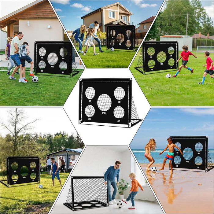 Дитячі ворота для футболу 2-в-1, 150x120 см, портативні та стабільні, 5 цілей, 4 анкера, сумка, для саду, парку, пляжу, чорний