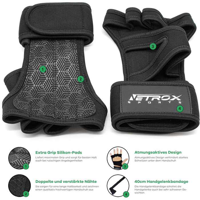 Спортивні рукавички NetroxSports для тренувань з підтримкою зап'ястя - фітнес, бодібілдинг, силові тренування, чорний колір, розмір L
