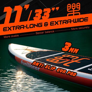 Надувна SUP-дошка FunWater з аксесуарами: ультралегка дошка для веслування стоячи, 3 плавці, регульоване весло, насос, рюкзак, страховий шнур, водонепроникний чохол для телефону