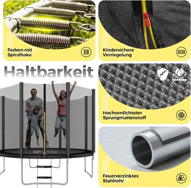 Трамплін Sekey Outdoor Ø 244/305/366 см - сертифікований TÜV Rheinland GS, дитячий, для саду з безпечним мотузковим драбиною, посиленим захисним сіткою та захисним бордюром (Чорний, 366 см/12 футів)