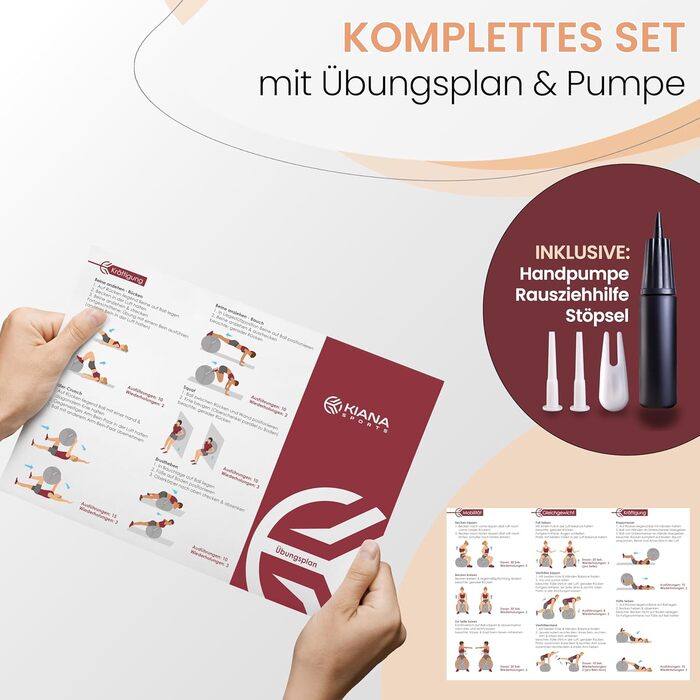 Гімнастичний м'яч KIANA SPORTS® для фітнесу та офісу – 4 розміри, антиковзаюча поверхня, з насосом та планом тренувань. Розмір M (до 170 см), перламутрово-білий