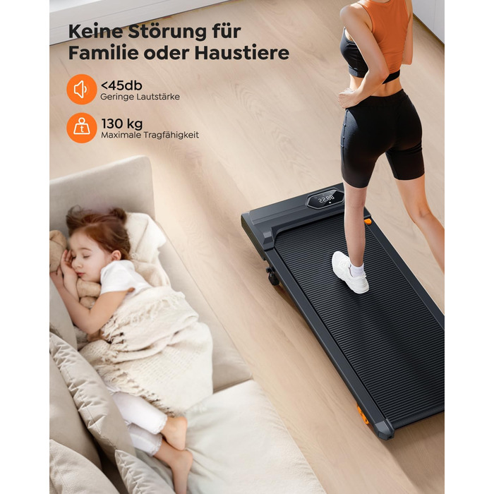 Бігова доріжка для дому, Walking Pad з нахилом до 10%, швидкість 1-6 км/год, тихий 2.5HP мотор, керування через додаток, LED-дисплей, вантажопідйомність до 130 кг, компактний, потрійна амортизація, бігова доріжка для дому/офісу, жовтий