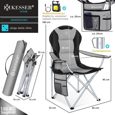 Крісло для кемпінгу KESSER® з підлокітниками, високою спинкою, місткістю до 150 кг, сіре/чорне, з підсвіткою та тримачем для напоїв