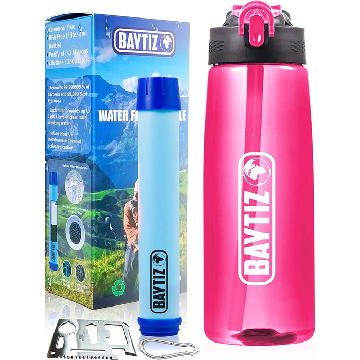 BAYTIZ пляшка з фільтром і трубочкою, активоване вугілля, для води, з карабіном, фільтр для води для туризму, кемпінгу, спорту, виживання