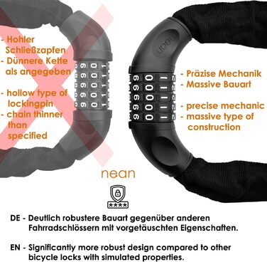 Замок для велосипеда Nean з кодом та високим рівнем безпеки, ланцюговий замок, код-комбінація, посилені сталеві ланки, 6 мм x 900 мм, чорний