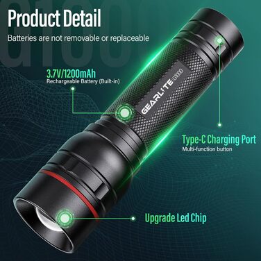 LED ліхтарик GEARLITE Mini 2000 Lumen, 3 режими, Zoom, IP65, для кемпінгу та активного відпочинку
