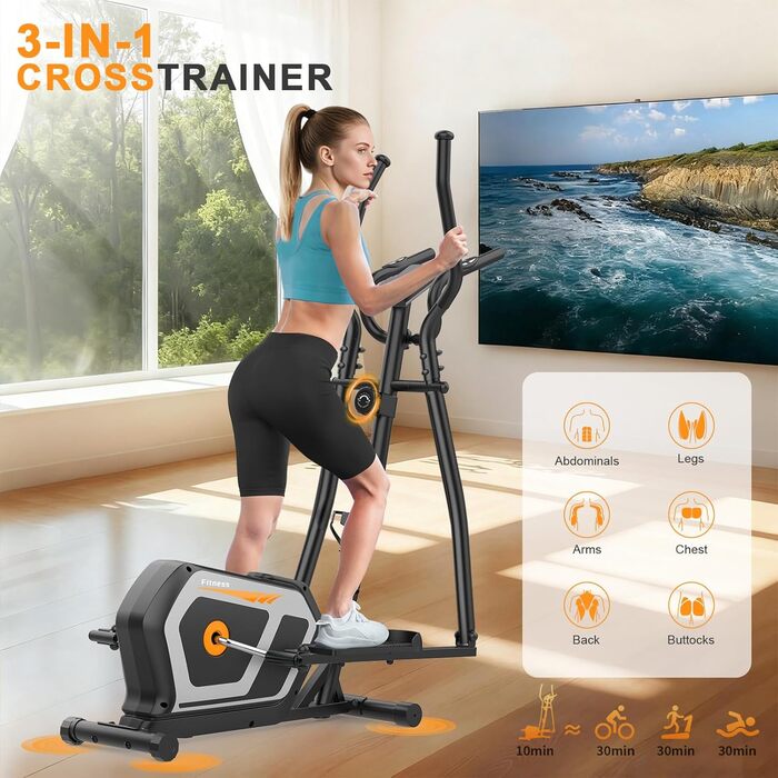 Еліптичний тренажер Crosstrainer 3-в-1 для дому з LCD-монітором та регулюванням навантаження до 287 кг (Оранжевий + Чорний)