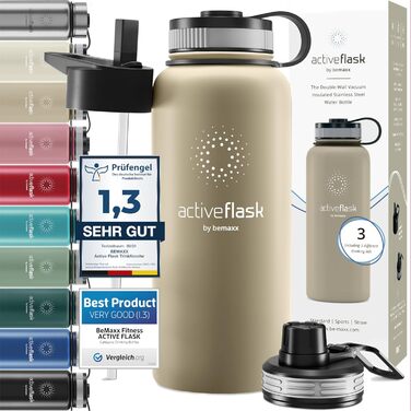 Термос пляшка з нержавіючої сталі ACTIVE FLASK 950 мл, ізольована, з трубочкою, 3 кришки, BPA-free, для газованої води, для спорту, велосипеда, дітей, чаю, бежевого кольору