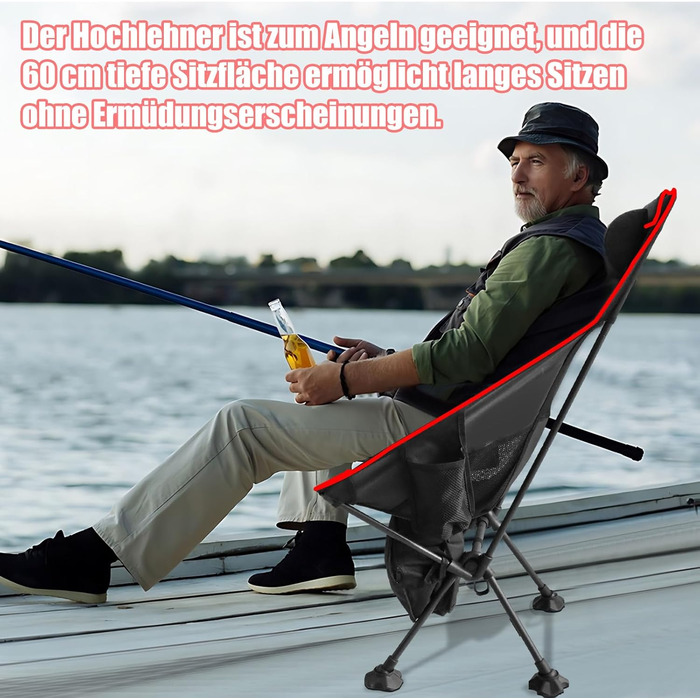 Складний туристичний стул Bindokun 120кг, ультралегкий, компактний, з кишенями та підголівником, для риболовлі та піших прогулянок (червоний)