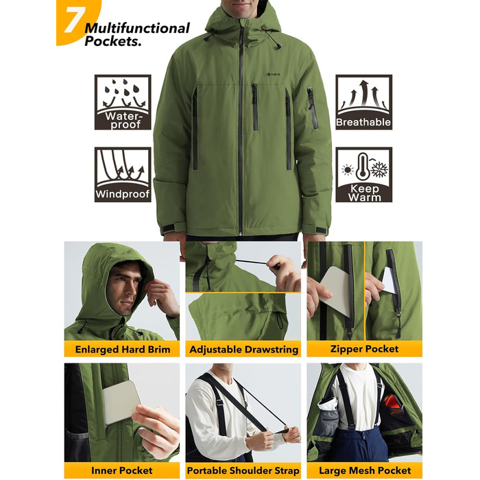 Чоловіча лижна куртка GEMYSE з інтегрованими лямками та капюшоном. Тепла зимова куртка, водонепроникна вітрозахисна куртка для сноубордингу та походів. Колір: хакі.