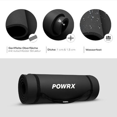 Килимок для йоги, гімнастики та пілатесу POWRX - чорний, 190 x 100 x 1.5 см, з чохлом та інструкцією