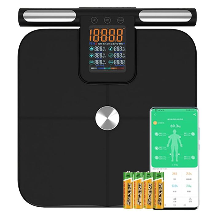 Вага для вимірювання жиру в тілі з датчиками, аналізатор складу тіла з великою ручкою-дисплеєм, вага з 8 високоточними сенсорами та APP, персональна вага з аналізом жиру для 32 показників (Чорний)