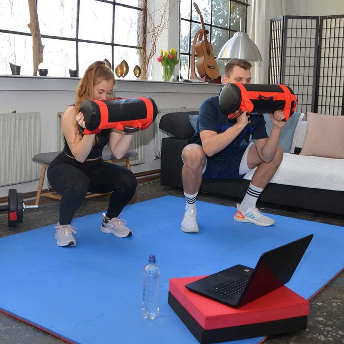 Фітнес мішок EYEPOWER 15 кг + 4 гирі, наповнений залізним піском, 6 ручок, для домашніх тренувань, тренажер для пресу та спини, чорний-червоний, 18x50 см