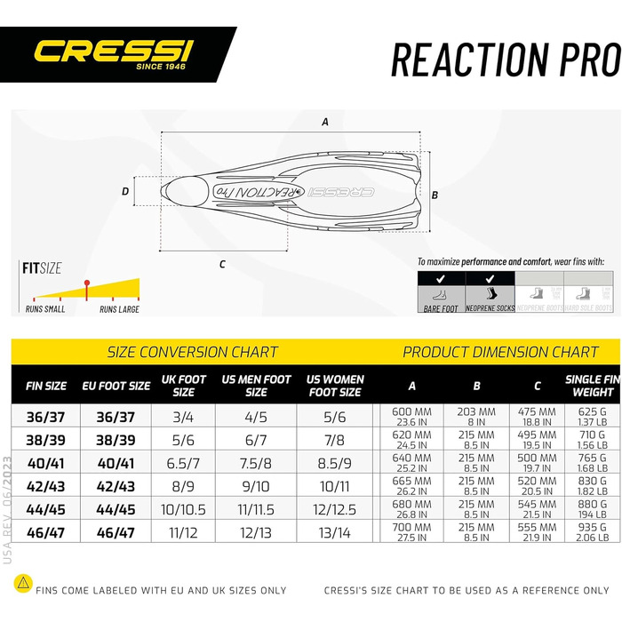 Ласти Cressi Reaction Pro для дайвінгу, фрідайвінгу та снорклінгу, унісекс, розмір 46/47, жовті/сріблясті