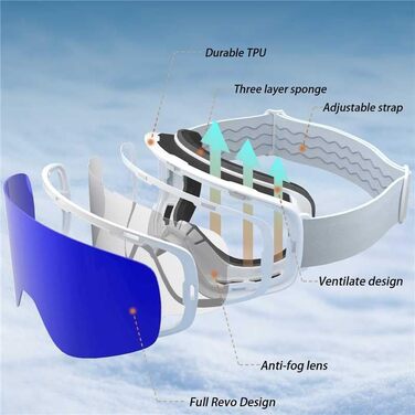Скі-маска VCOROS з змінним склом, унісекс, захист від UV, проти запотівання, регульований ремінь, сноуборд маска 02-срібло/білий + лінза (VLT13 %) (05-REVO синій/білий + лінза (VLT19 %))