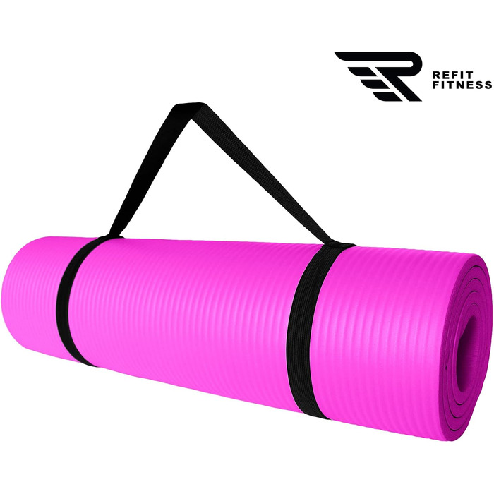 Килимок для гімнастики та йоги REFIT FITNESS Profi 190 x 60 см з PainProtect & SmartCell NBR, 10-15 мм. Нековзкий, для пілатесу, фітнесу, гімнастики. У комплекті: сумка, ремінь. Колір: фуксія