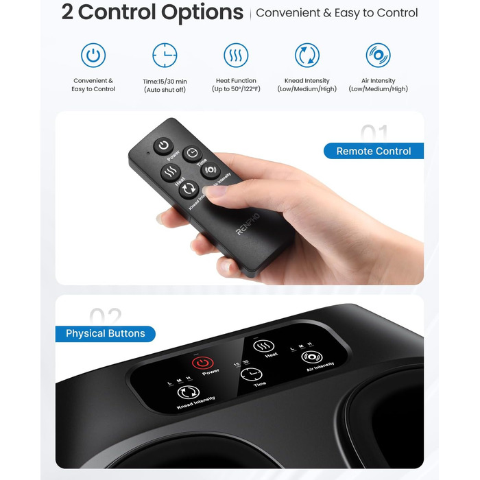 Масажер для ніг RENPHO з підсвічуванням, Shiatsu, нагрів, пульт, для чоловічих ніг до 48 розміру ЄС, чорний 069R