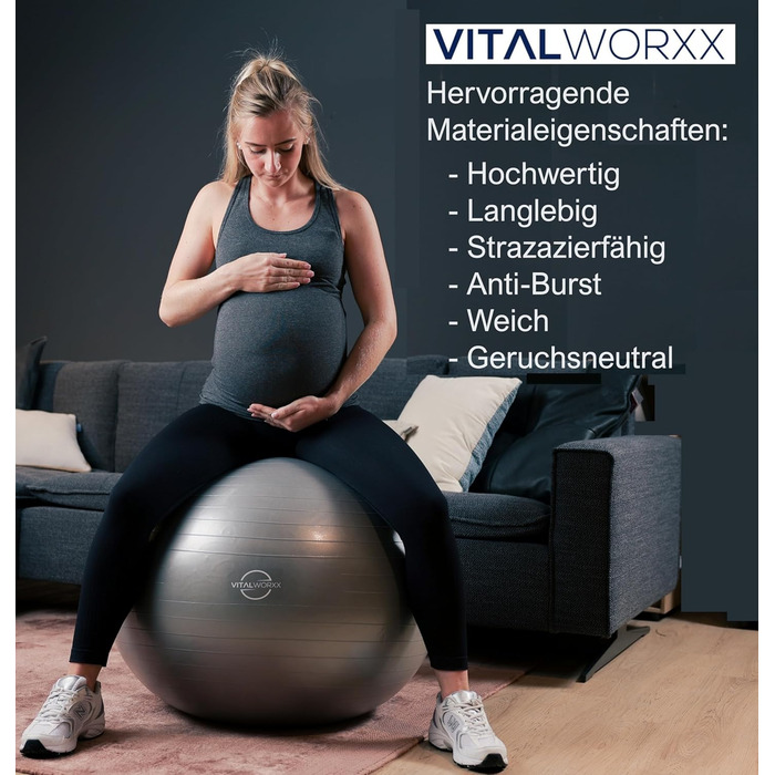 Гімнастичний м'яч VITALWORXX 65 см для вагітних, стабільний фітбол з насосом, вправи для вагітності та пологів, сірий