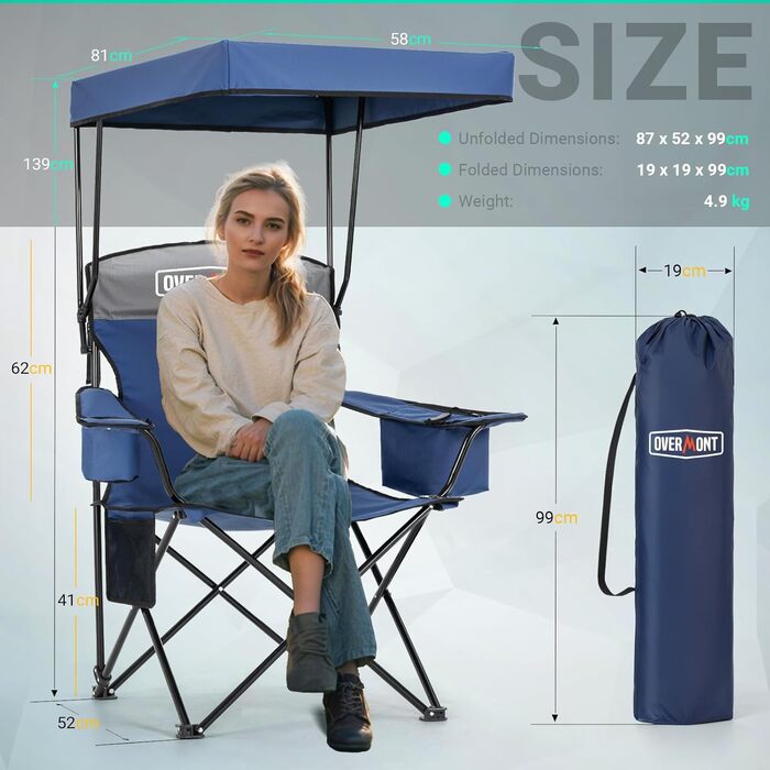 Крісло для кемпінгу OVERMONT складне з сонцезахисним дахом - пляжне крісло, складне з тримачем для напоїв та сумкою-холодильником - шезлонг з дахом для відпочинку на природі, риболовлі, саду (Blaugrau)