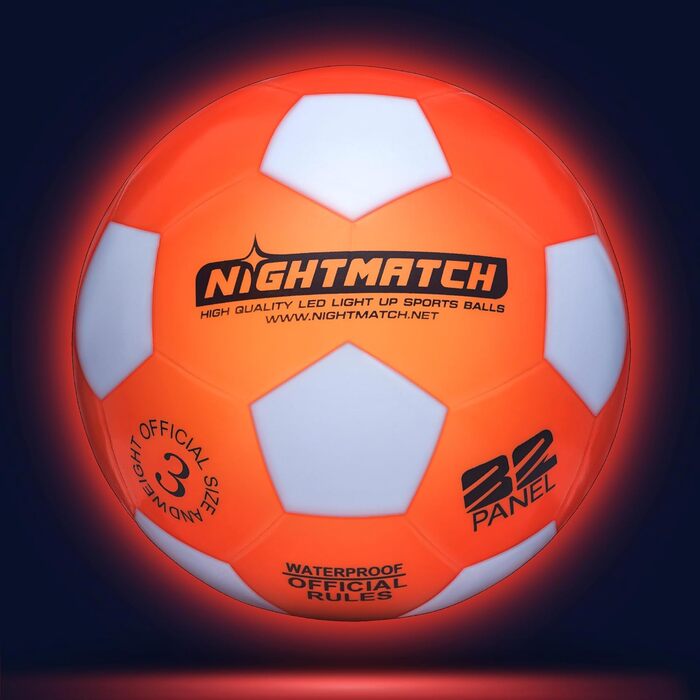 Світлодіодний футбольний м'яч NIGHTMATCH, офіційний розмір 3, для дітей, набір з 2 LED, сенсорний, світиться в темряві, біло-оранжевий