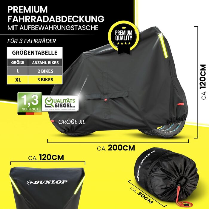 Dunlop чохол для велосипедів на 3 велосипеди XL, водонепроникний, антикорозійний, з чохлом для транспортування, доступом до акумулятора і отворами для замка, 200x120x120 см
