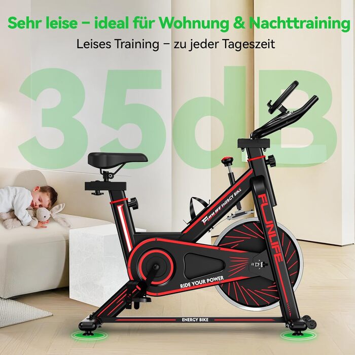 Велотренажер FunLife C1 з Bluetooth та App (FitShow, Kinomap), ремінний привід, плавний регулятор навантаження, регульоване сідло та кермо, до 120 кг, блакитний