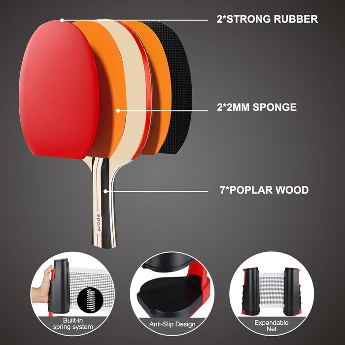 Набір для настільного тенісу KIMIGO: 2 ракетки, 6 м'ячів, сітка та сумка. Підходить для початківців та досвідчених гравців, для гри в приміщенні та на вулиці.