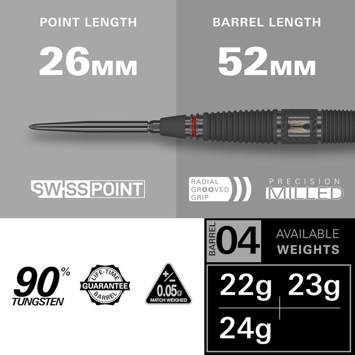 Професійний набір сталевих дротиків Target Darts Scope Swiss Point, 90% вольфрам, червоно-чорні, з інструментом, 21-25 г