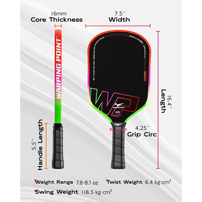 Ракетка для піклболу Warping Point Neon Gen 3, вуглецеве волокно T700, 16 мм EdgeFusion Core, термоформована, UPA-схвалена, для гравців рівня 3.5–4.0, градієнт (зелений, фіолетовий, помаранчевий)