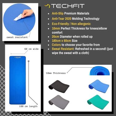 Йога мат TechFit: антиковзаюча, товста (10 мм), для фітнесу, пілатесу, кемпінгу, аеробіки (блакитна)