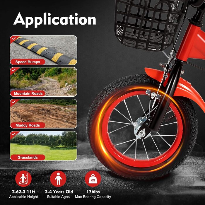 Дитячий велосипед 12 дюймів для дівчаток та підлітків, 3-6 років, з кошиком, червоний