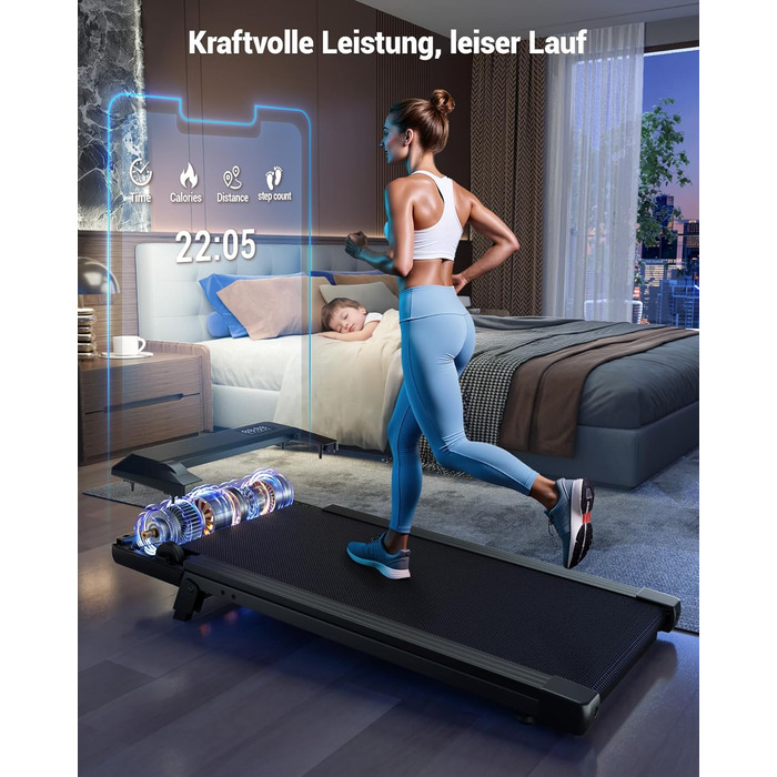 Бігова доріжка DeerRun Walking Pad під стіл з ухилом 6%, для дому та офісу, компактна, з додатком, пультом та LED-дисплеєм, до 136 кг, чорна глянцева