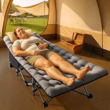 MOPHOTO Велике складане кемпінгове ліжко з матом для дорослих, 98 x 85 x 46 см, міцне ліжко для відпочинку на природі з сумкою, 200D, матеріал Оксфорд, сіре (1)