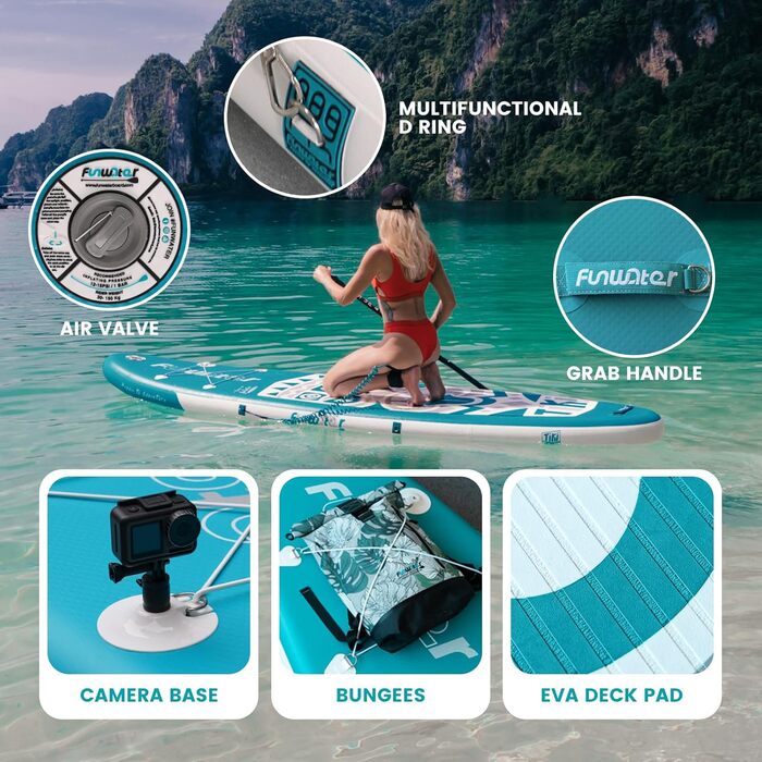 SUP дошка FunWater надувна 10'-11' з веслом та насосом, Eva-покриття, для 2-х осіб/сім'ї, блакитно-зелена