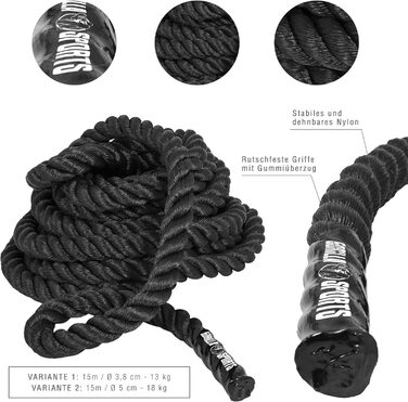 GORILLA SPORTS® Батл-канат 15 м, 38/50 мм, неслизькі ручки, нейлон, чорний – тренувальний канат для фітнесу, кросфіту, батл-роуп, для залу та спорту