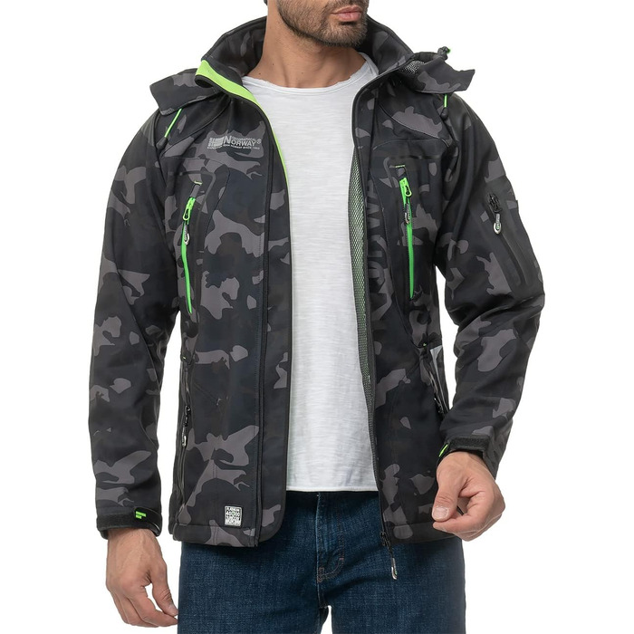 Чоловіча куртка Geographica Norway Softshell, функціональна, для активного відпочинку та походів, дихаюча, чорно-зелена камуфляжна (03)